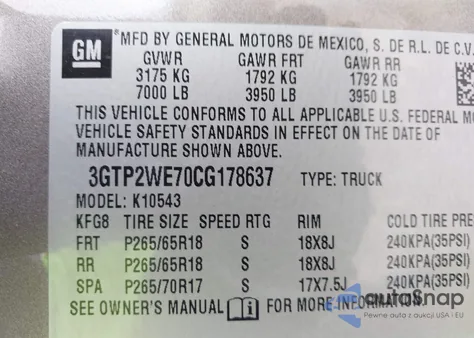 2012 GMC Sierra 1500 Slt z USA, uszkodzony, nr VIN 3GTP2WE70CG178637